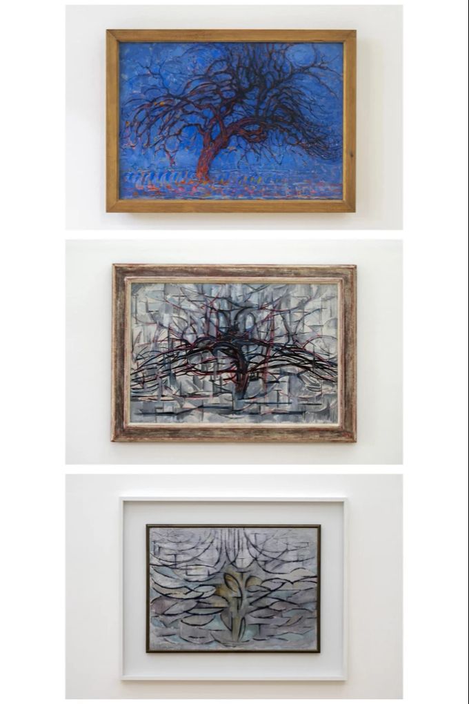 Der rote Baum (1908 - 1910), Baum (1912) und Blühender Apfelbaum (1912), von oben, des holländischen Malers Piet Mondrian. Piet Mondrian