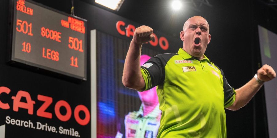 Der niederländische Spieler Michael van Gerwen jubelt nach dem Sieg im Finale.