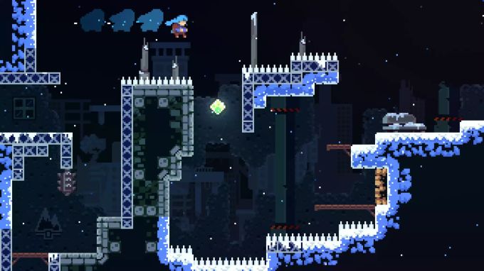 Der Hauptcharakter springt über ein Hindernis. Epic Games Celeste Screenshot