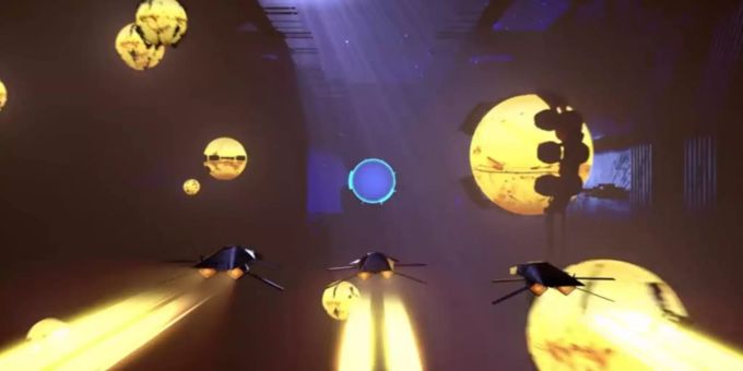 Drei Raumschiffe fliegen in einer Reihe. Homeworld 3 Raumschiffe