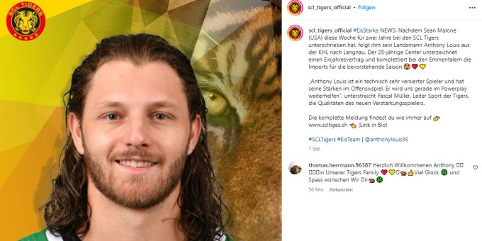 Die SCL Tigers geben die Verpflichtung von Anthony Louis auf Instagram bekannt. SCL Tigers