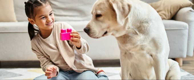 Kinder und Tiere, beide spielen gerne. Kreativität, Hund, Haustier