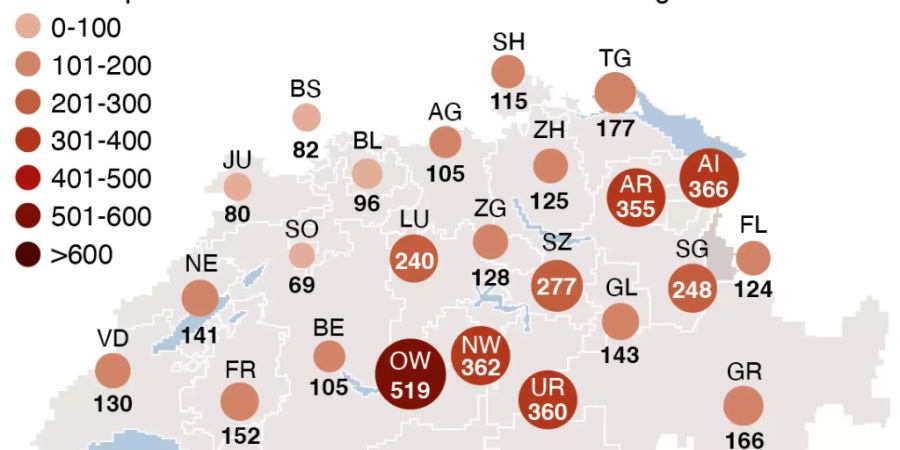 So sieht es mit der Verbreitung des Coronavirus aus: Die Fälle pro 100'000 Einwohnerinnen und Einwohner in den vergangenen zwei Wochen (Stand Dienstag).