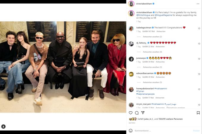 Die Beckham-Familie an der Fashion Show von Victoria Beckham. Victoria Beckham