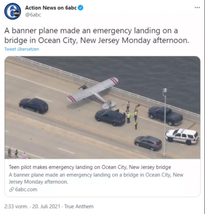 Bei der Notlandung wurden weder der Pilot noch andere Verkehrsteilnehmer verletzt. notlandung new jersey