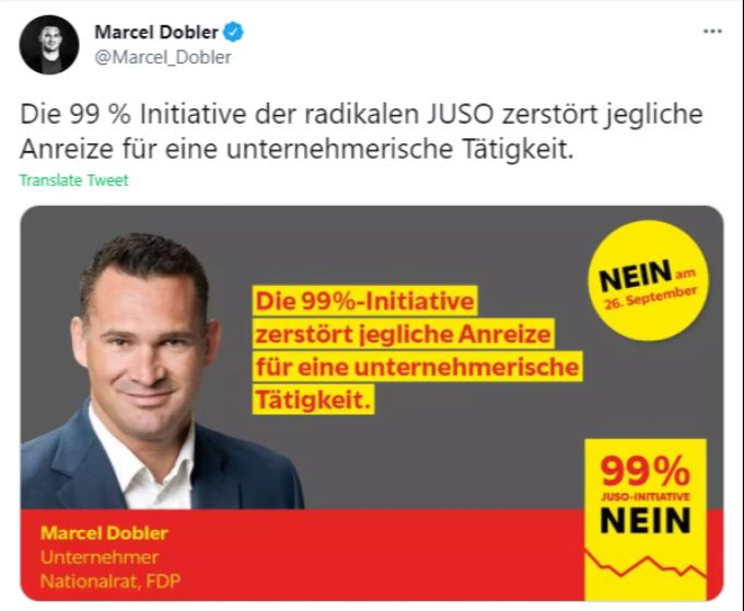 Marcel Dobler, Nationalrat FDP und Unternehmer, wirbt für ein Nein zur 99%-Initiative. Der St. Galler ist Gründungsmitglied der Digitec und war jahrelang CEO. Zudem ist er Vize-Präsident von DigitalSwitzerland. Dobler 99%-Initiative