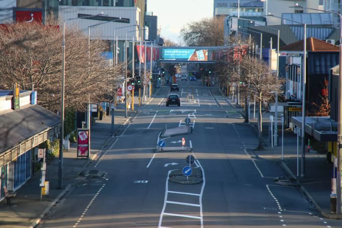 Die Columbo Street im neuseeländischen Christchurch während des Lockdowns. lockdown neuseeland