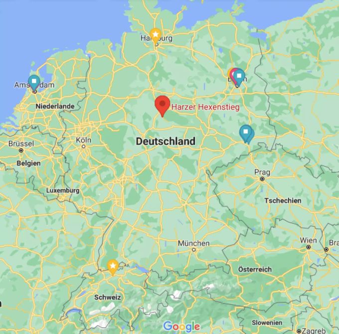 Der Harzer Hexenstieg ist von der Schweiz aus gut erreichbar. Landkarte