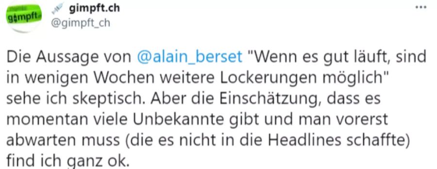 «gimpft.ch» findet die Einschätzung Bersets, dass es momentan viele Unbekannte gebe und man vorerst abwarten müsse, «ganz ok».