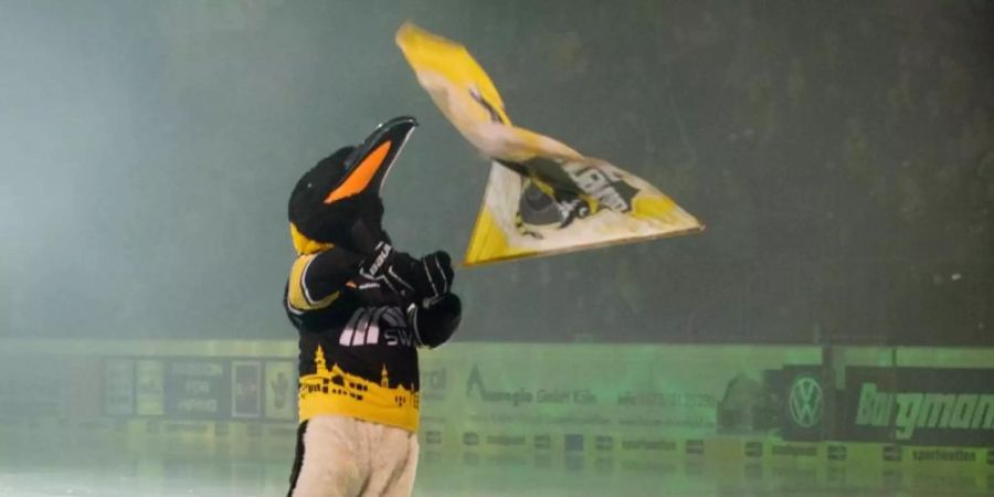 Die aktuelle Saison können die Krefeld Pinguine zu Ende spielen. Maskottchen «Kevin» feuert die Zuschauer an. Foto: Bernd Thissen/dpa