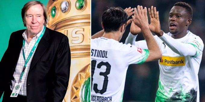 Links: Günter Netzer. Rechts: Denis Zakaria klatscht sich mit Teamkollege Stindl ab. Günter Netzer Denis Zakaria