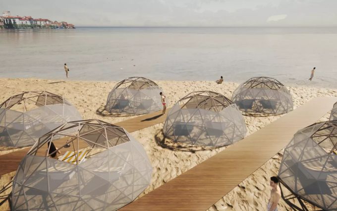 Das Architekturbüro Obicua hat Strandkuppeln aus Bambus entwickelt, um die nötige Distanz in Corna-Zeiten zu schaffen. Strandkuppel Bambus