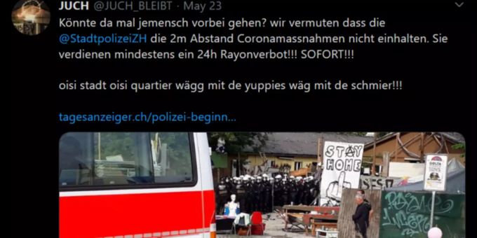 Eines der vielen Tweets der Besetzer zur Räumung des Juch Areals. Juch