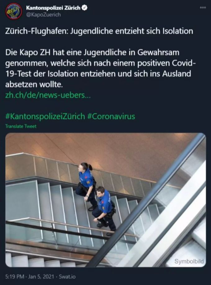 Die Kantonspolizei Zürich konnte die 17-jährige Niederländerin am Flughafen in Gewahrsam nehmen. kantonspolizei zürich niederländerin