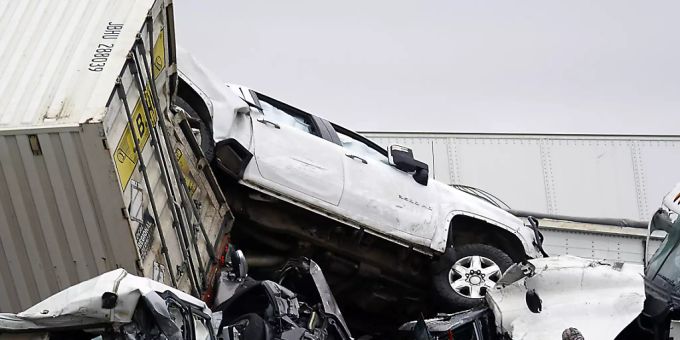 Fahrzeuge stapeln sich nach einem Unfall auf der Interstate 35 in der Nähe von Fort Worth (Texas). Foto: Lawrence Jenkins/The Dallas Morning News/AP/dpa Massenkarambolage