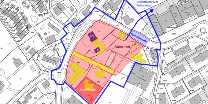 Perimeter Studienauftrag: Bearbeitungsperimeter Hochbau (rote Fläche), Bearbeitungsperimeter Strassenraum und angrenzende Grundstücke (blaue Linie).