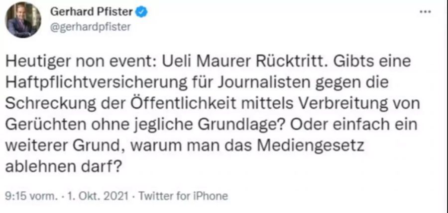 Für Mitte-Präsident Gerhard Pfister sind die Berichte über Maurers Rücktritt ein Grund, das Mediengesetz abzulehnen.