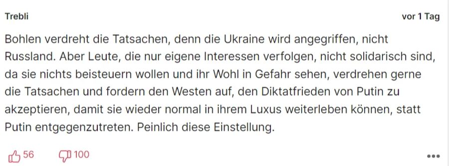Peinlich, findet dieser Leser die Aussagen von Dieter Bohlen zum Ukraine-Krieg.