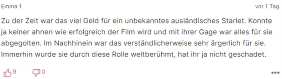 «Emma 1» kann den Ärger von Ursula Andress verstehen. Das Geld sei zu dieser Zeit aber viel gewesen.