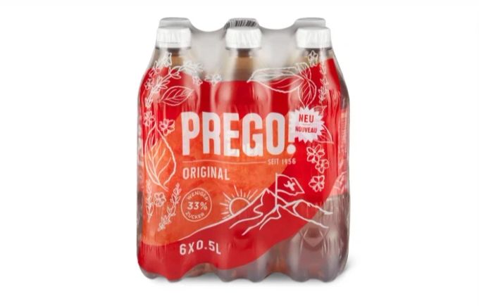 Ein 6er-Pack des neuen Prego-Getränkes von der Migros. Migros Prego