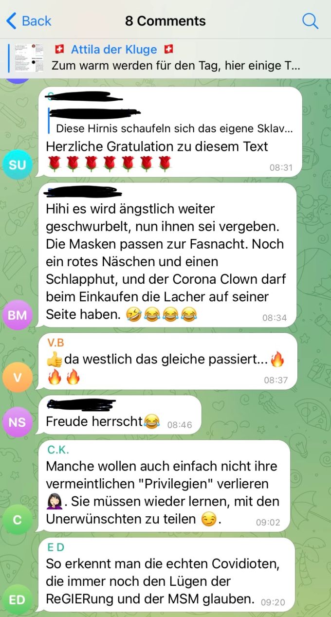 Reaktionen in einem Telegram-Chats auf Tweets, in denen Massnahmenbefürworter wegen des Coronavirus eine Liste von maskentragenden Läden und Dienstleistern forderten. Coronavirus