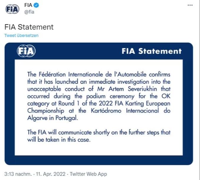 Die Stellungnahme der FIA zum Fall Artyom Severyukhin. FIA Stellungnahme Artyom Severyukhin