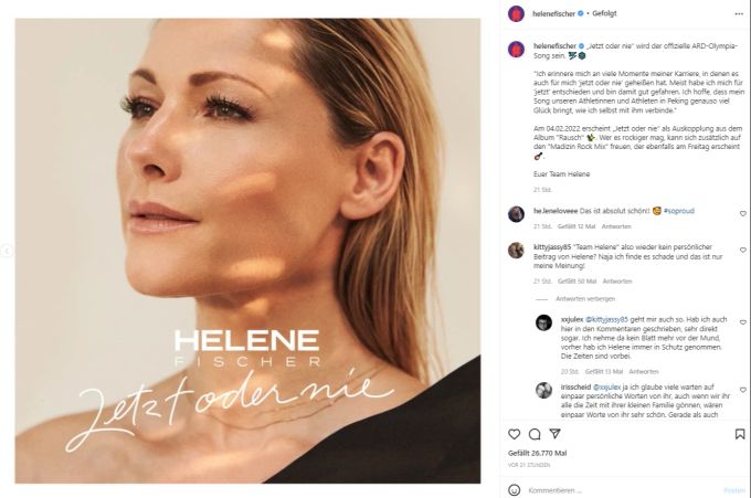 Das Team von Helene Fischer hat auf Instagram grosse Neuigkeiten verkündet. Helene Fischer