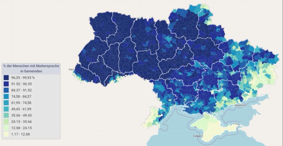 Anteil der Menschen mit Muttersprache Ukrainisch in den Gemeinden der Ukraine, Stand 2001.