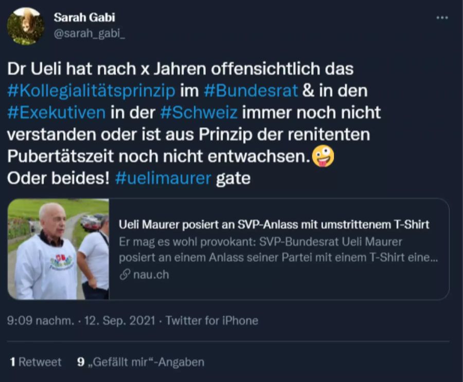 Ueli Maurer hat das Kollegialitätsprinzip im Bundesrat immer noch nicht verstanden, findet Sarah Gabi, SP-Grossrätin im Kanton Bern.