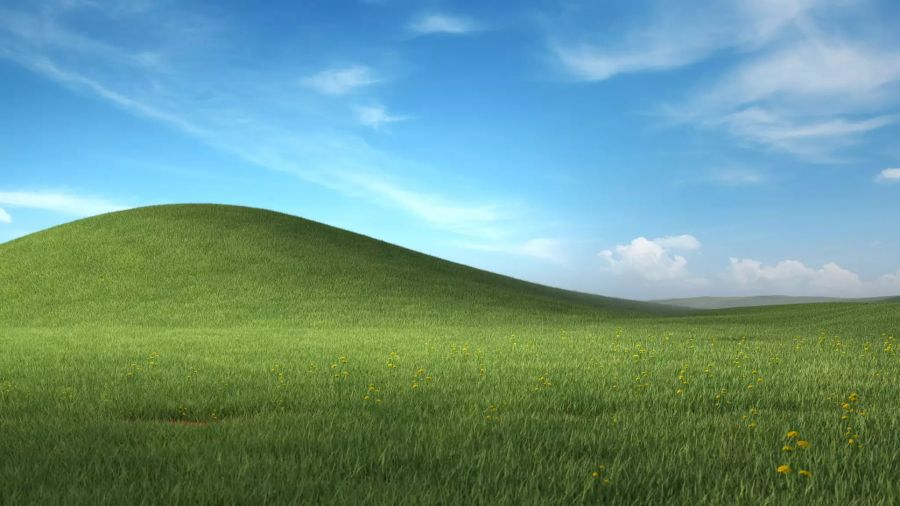 Die ikonische Landschaft «Bliss» aus Windows XP wird ebenfalls digital aufgefrischt dargestellt.