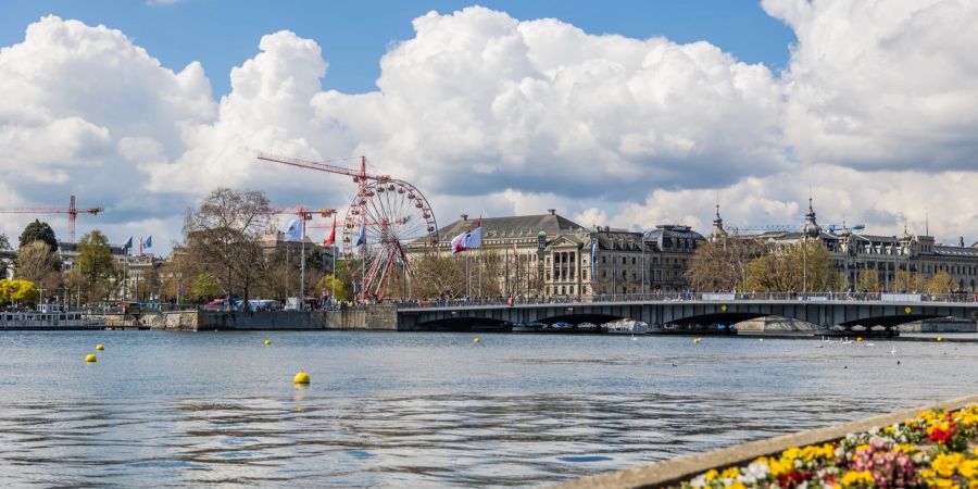 Das Seebecken in Zürich und im Hintergrund das Riesenrad am Bürkliplatz.