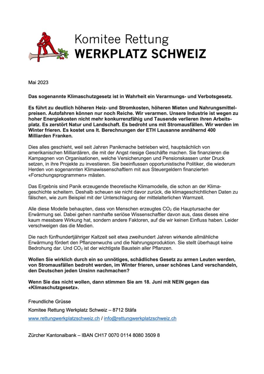 Der Flyer des Komitees «Rettung Werkplatz Schweiz» im Volltext. Das Schreiben landete in allen Briefkästen des Landes.