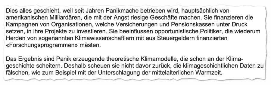 Der Flyer verweist auf vermeintliche Panikmache vonseiten amerikanischer Milliardäre und darauf, dass Klimamodelle historische Daten fälschen würden.