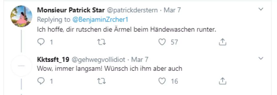 Ein Twitter-User wünscht Benjamin Zürcher ein schlimmes Ungeschick.