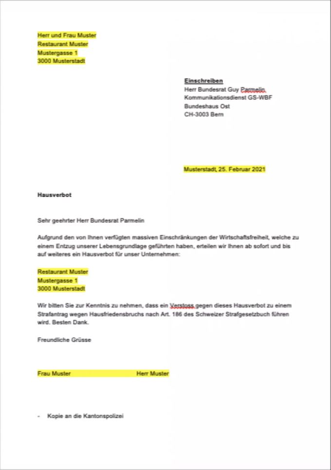 So sieht der per Mausklick generierte Musterbrief an Bundespräsident Guy Parmelin aus. Musterbrief Parmelin bundesrat