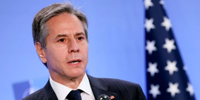 Antony Blinken, Aussenminister der USA, spricht während einer Pressekonferenz im NATO-Hauptquartier. US-Aussenminister Antony Blinken