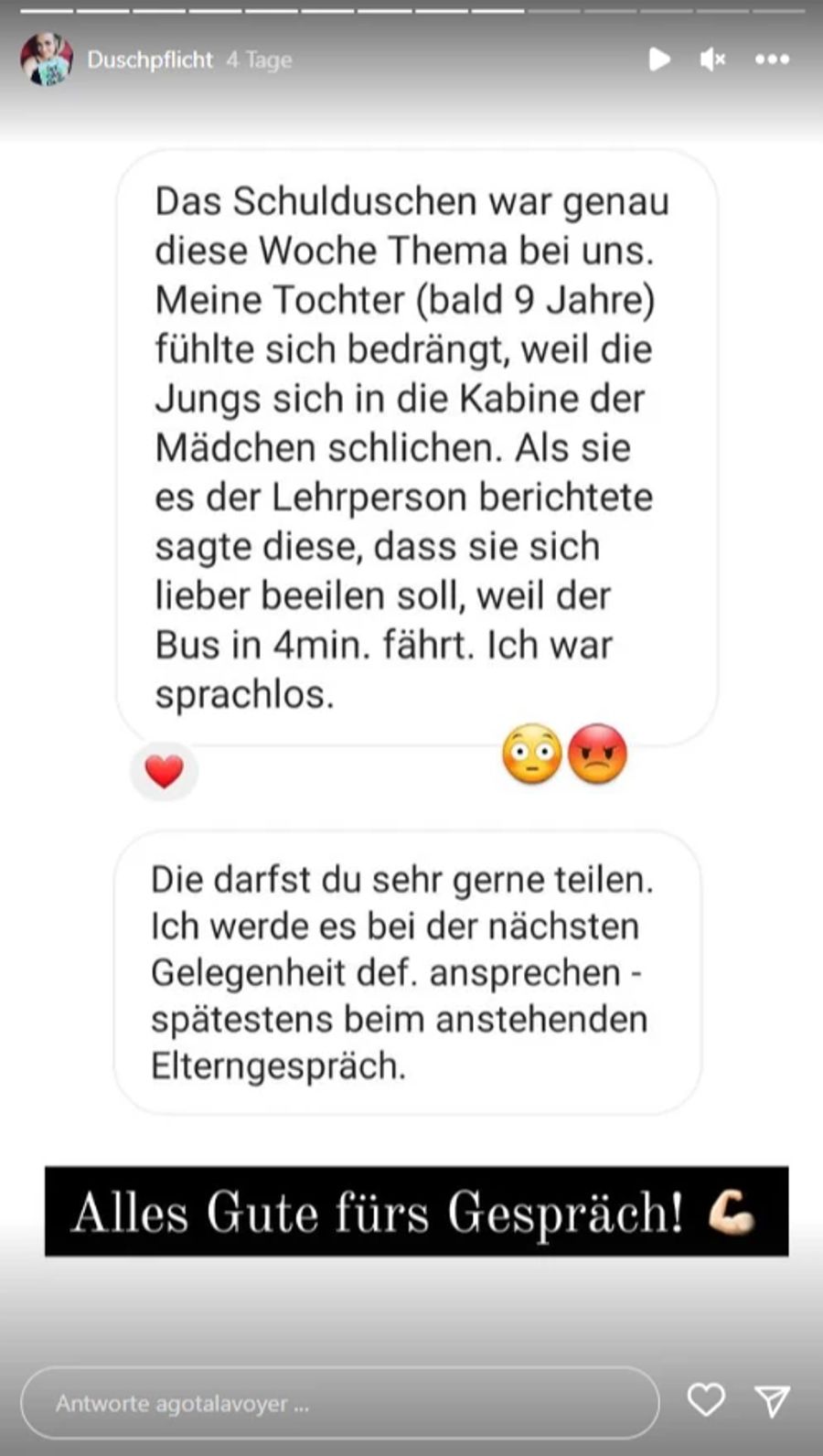 Bei einer Nutzerin oder einem Nutzer wurde das Schulduschen diese Woche zum Thema.