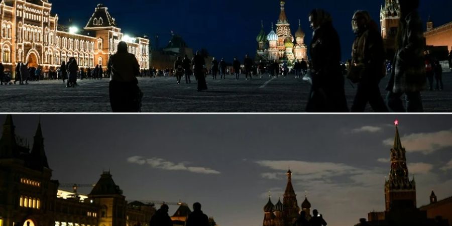 Moskau im Jahr 2021 vor (oben) und während der «Earth Hour»
