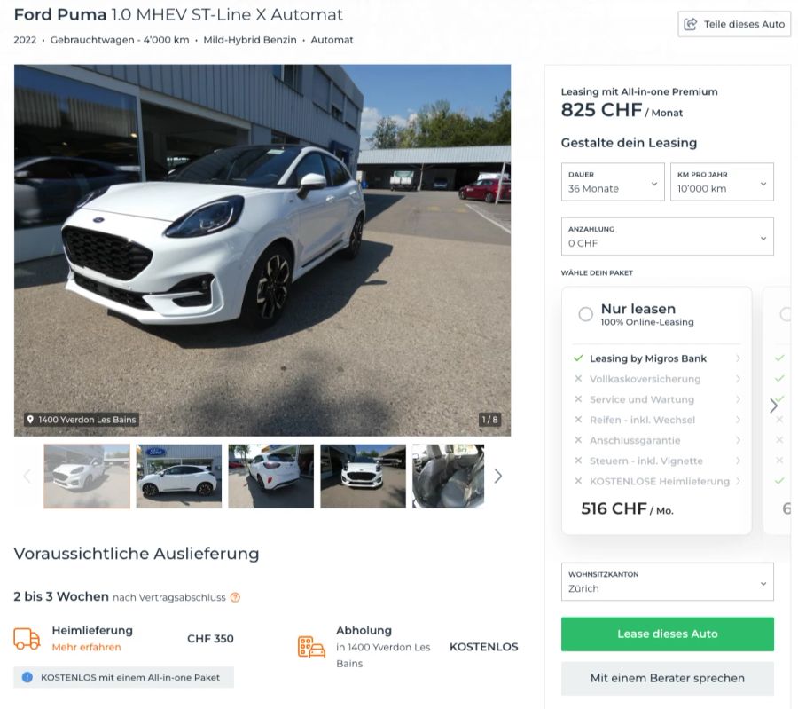 Online Leasing Angebot für eine Dauer von drei Jahren 516 Franken pro Monat. Mit All-inclusive Leasing betragen die Kosten 825 Franken pro Monat. Im Gegensatz zum Ford Puma im Abo verfügt dieses Fahrzeug über ein Panoramadach, eine Anhängerkupplung und eine elektrische Heckklappe.