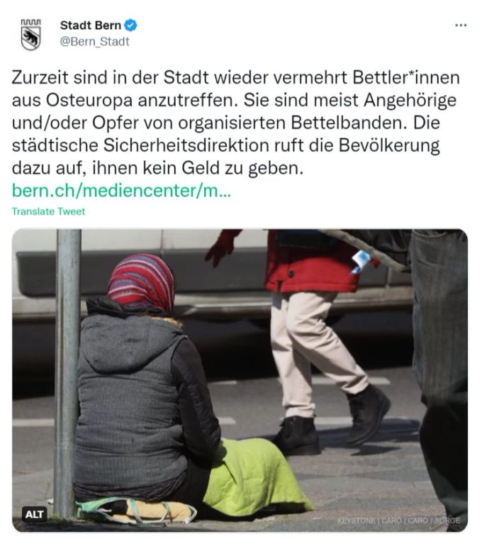 Die Mitteilung der Stadt Bern zu angeblichen Bettelbanden hat für Kritik gesorgt. Stadt Bern Bettler