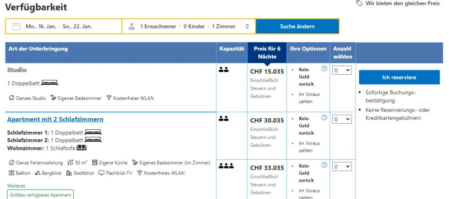 Dort zahlt man für die ganze WEF-Woche 15'035 Franken für ein Studio und 30'035 Franken für ein Apartment für zwei Personen.