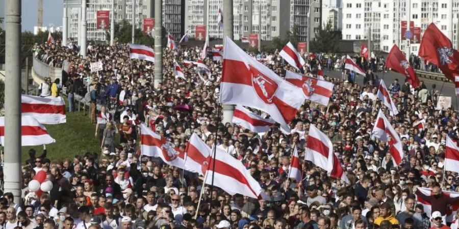 Zehntausende auf den Strassen von Minsk. Die Demonstranten schwenken historische belarussische Flaggen in den Farben der Opposition. Foto: Uncredited/AP/dpa