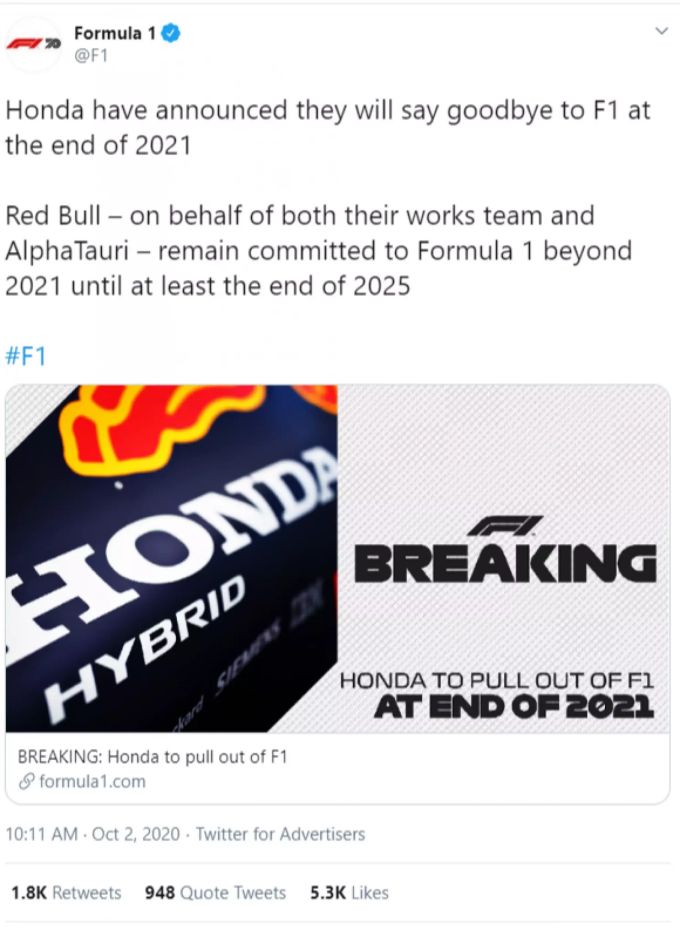 Die Formel 1 teilt den Rückzug von Honda mit. honda