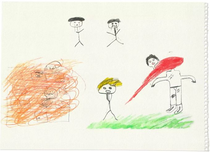 Eine der Kinderzeichnungen aus der preisgekrönten Traumakampagne von SOS-Kinderdorf Schweiz. Durch Spenden arbeitet das Hilfswerk mit traumatisierten Kindern zusammen. SOS Kinderdorf Spenden Trauma