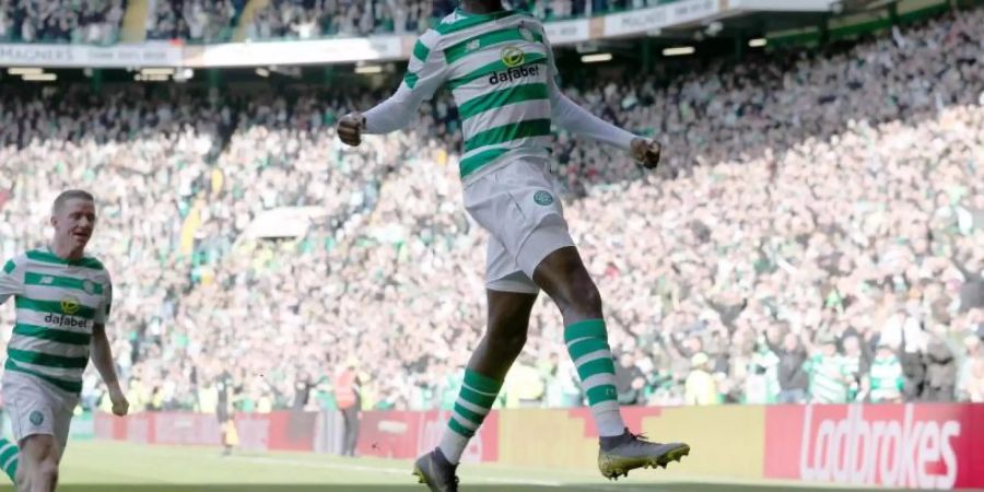 Celtics Odsonne Edouard (r) feiert das Tor zum 3:0 gegen den FC Aberdeen. Foto: Andrew Milligan/PA Wire/dpa