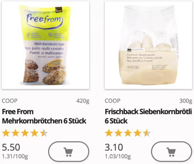 Links im Bild die freefrom Brötchen, rechts die glutenhaltigen Siebenkornbrötli, beide bei Coop erhältlich. Coop
