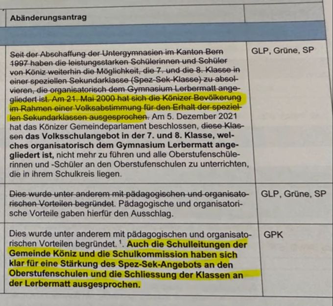 Auszug aus den Änderungsanträgen im Könizer Parlament: Gestrichen wird ein missliebiger Volksentscheid (oben gelb markiert), eingefügt dafür (unten gelb markiert) die Haltung der Schulleitungen. Rossstall