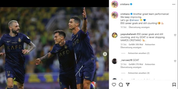 «Nächste grosse Teamleistung, wir werden besser», schreibt Cristiano Ronaldo nach seinem 850. Tor. Cristiano Ronaldo