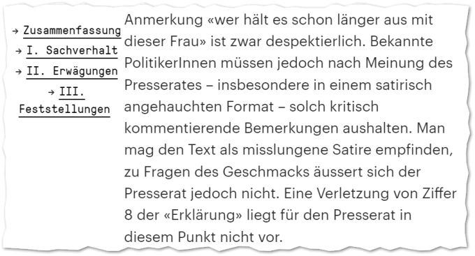 Ausschnitt aus dem Urteil des Presserats zum Artikel des «Nebelspalters» über Tamara Funiciello. Presserat Urteil Tamara Funiciello