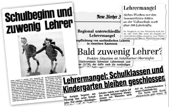 Dauerthema Lehrermangel: «Schweizer Illustrierte» (1965), «NZZ» (1991), «Tages-Anzeiger» (1999), «Solothurner Zeitung» (1998) und «Blick für die Frau» (1990). Lehrermangel Zeitungen 60er 90er-Jahre